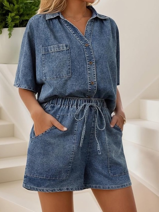 Zilcremo Pants - ZILCREMO Denim Short Sleeve and Short Set of 2 - Light Blue Wash